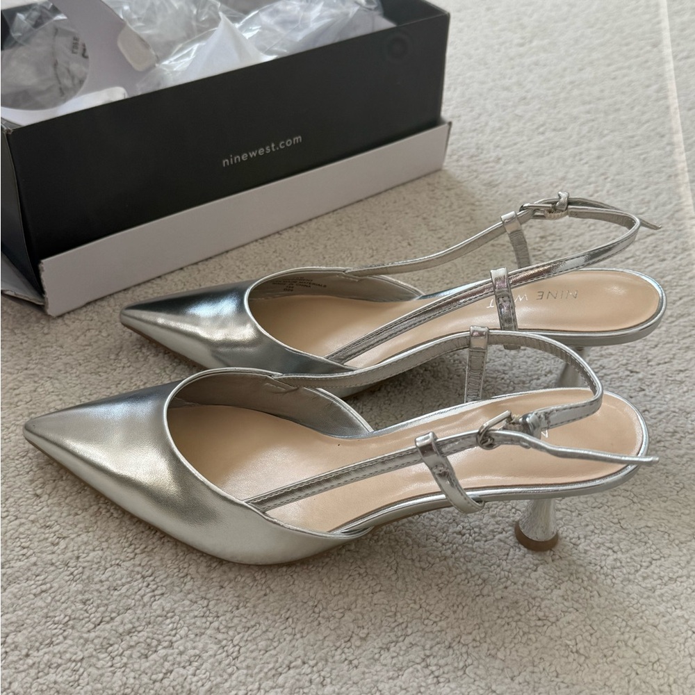 Nine West Silver Pointed Slingback Kitten Heel Pumps